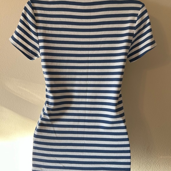 Ralph Lauren Blue & White Striped V-Neck Women's Logo Tee | Medium - Picture 4 of 9